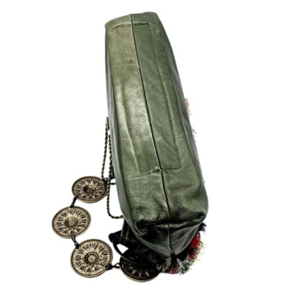 Artisan Green Leather Mesh Floral Hammered Metal Chain Link Strap Bag - Picture 7 of 9